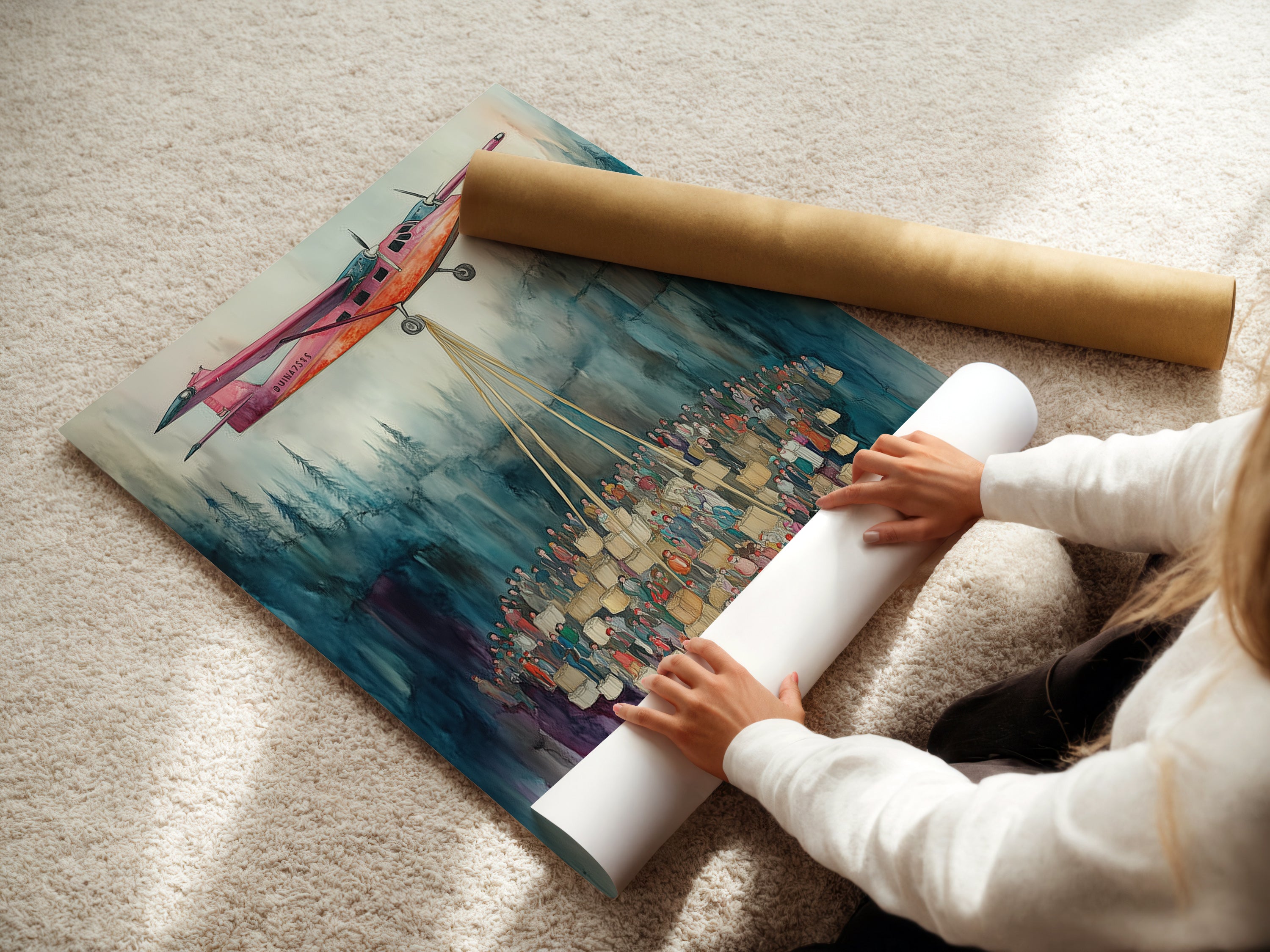 A woman is rolling a fine art poster paper. The paper features a watercolor airplane artwork. The artwork shows a pink airplane and a crowd of people. Perfect gift for pilots and aviation enthusiasts seeking unique wall decor.