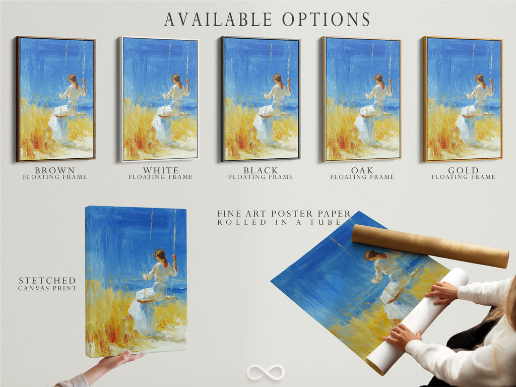 Available options are showcased. This includes a stretched canvas print fine art poster paper and a floating frame. Each option offers a unique way to display artwork. Choose the perfect style to match your taste. Explore all the possibilities for your art.