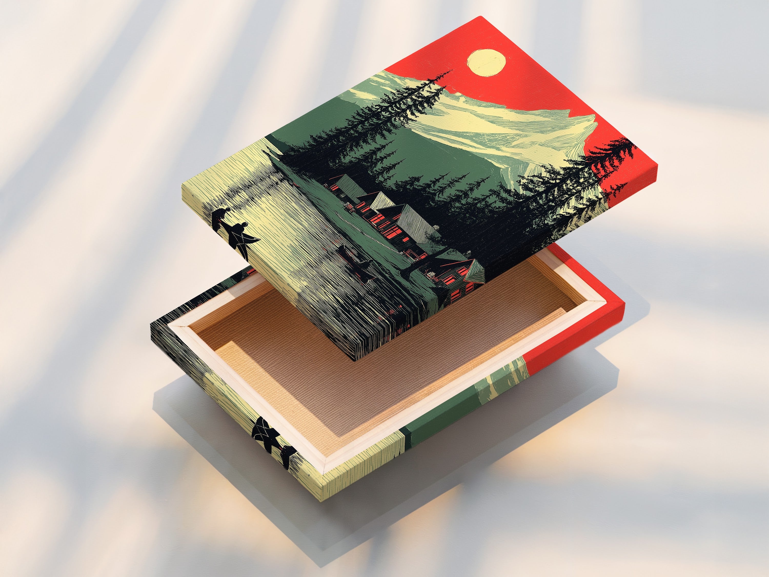 A stretched canvas print of mountain lake artwork. The rustic nature artwork is ready to hang. The artwork showcases a beautiful cabin scene by the lake. The stretched canvas print provides a gallery-quality look. Ideal for adding a touch of vintage charm to your home.