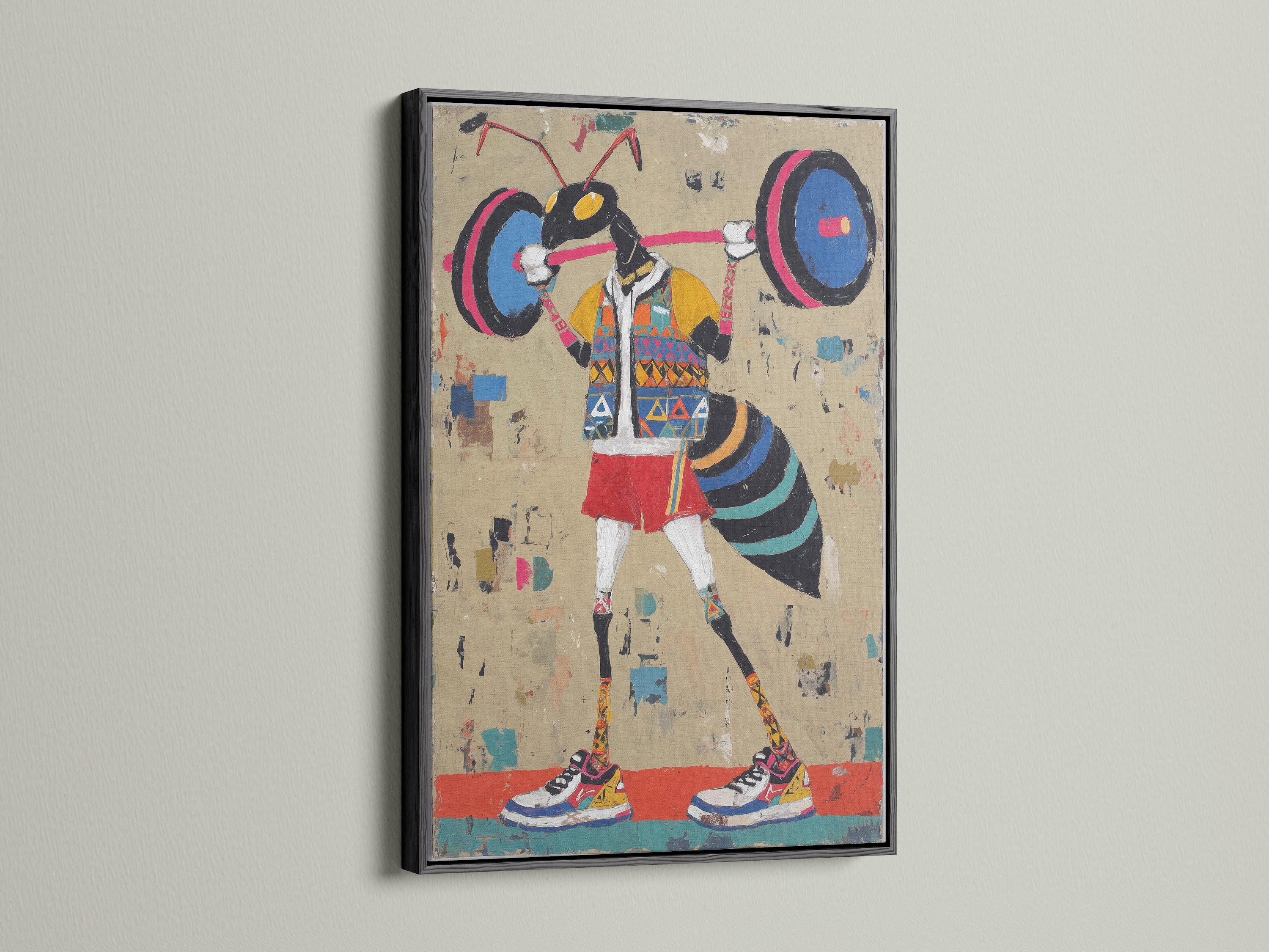 Weightlifter art print in a sleek black frame. This retro gym wall art adds style to your fitness space. The vintage fitness canvas print is perfect for home gym decor. It's ideal for contemporary eclectic or minimalist styles. The beige and black color scheme complements any room. A great piece for workout motivation and athletic wall art.