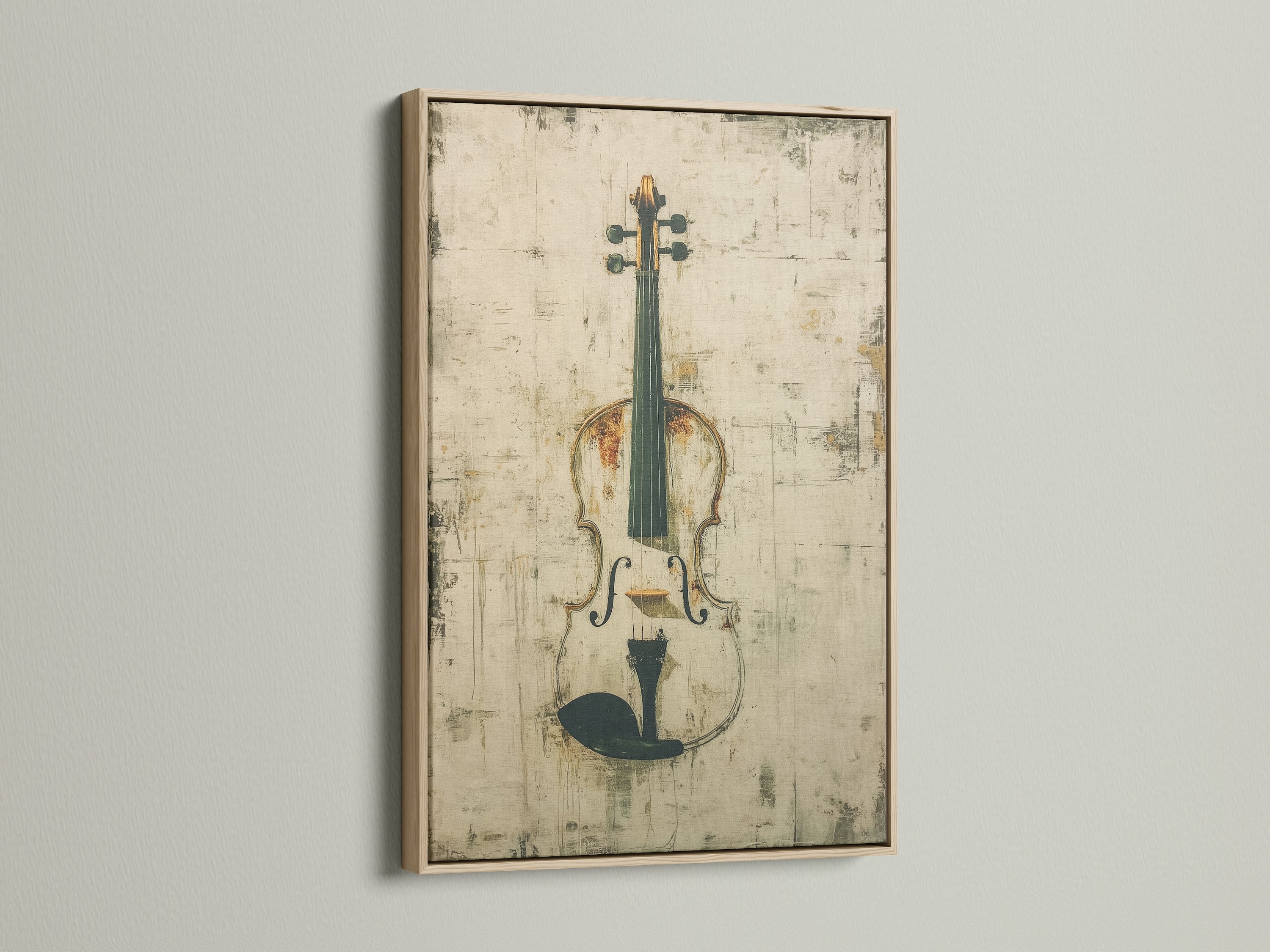 Oak frame displaying a violin canvas print. It's vintage musical instrument wall art with beige and gold artwork. This piece is perfect for music room decor orchestra art and symphony prints.