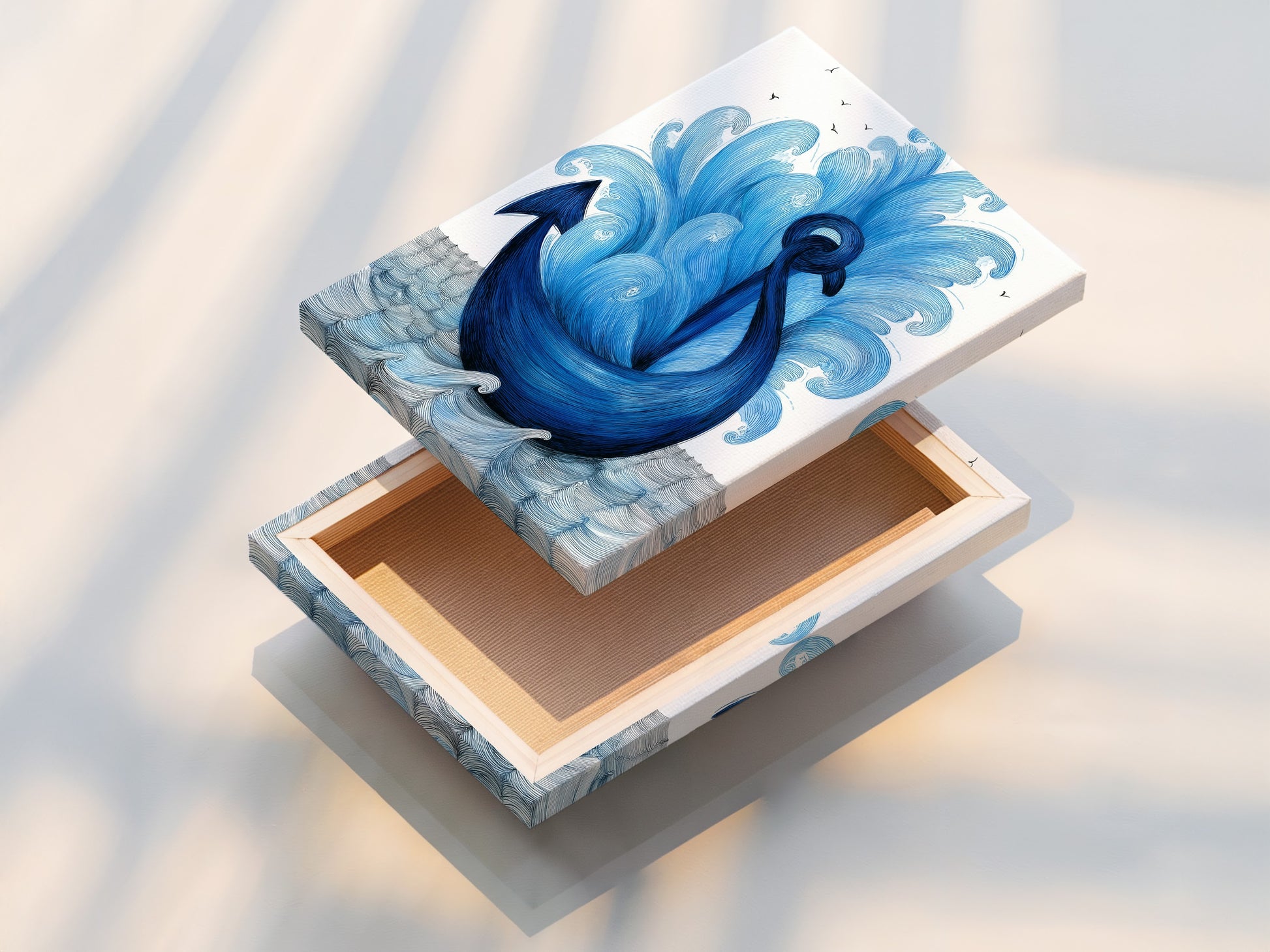 A stretched canvas print showcasing our navy blue anchor artwork. The coastal artwork is ready to hang and enjoy. The stretched canvas enhances the nautical print. Perfect for adding sea themed art to your home. This maritime art is a stunning focal point. Ideal for beach houses and boat decor.