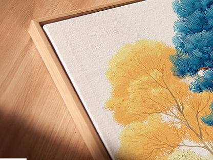 Close-up of a canvas print in a floating frame. The modern woodland art features colorful trees in an abstract forest. This fine art print is perfect for contemporary spaces. Discover our nature-inspired artwork for your living room or office.