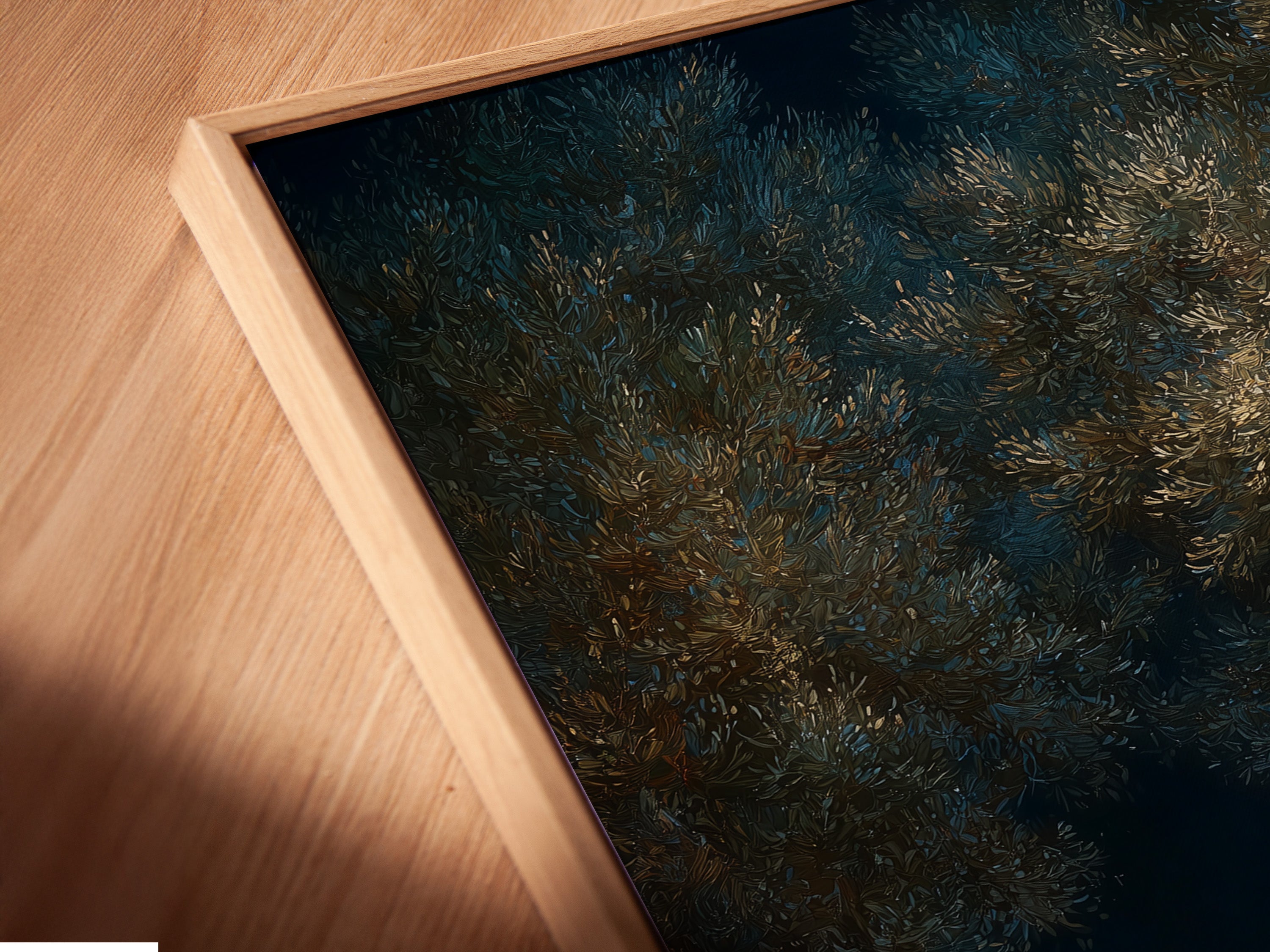 View a close-up of a canvas print in a floating frame. The floating frame enhances the artwork. It creates a modern and sophisticated look. The canvas print adds texture and depth. Elevate your space with this unique piece. The frame is almost invisible.