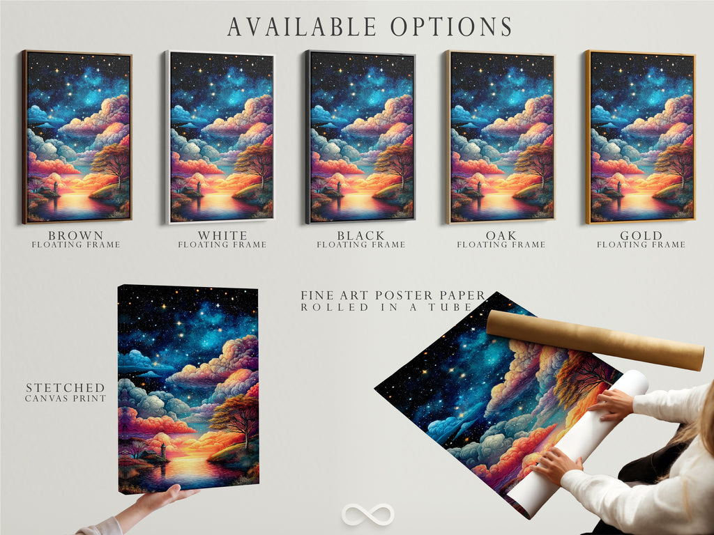 Available options for the Starry Night artwork. Choose from a stretched canvas print a fine art poster paper or a floating frame. Customize your celestial artwork to perfectly match your style. Add a touch of modern art to your home