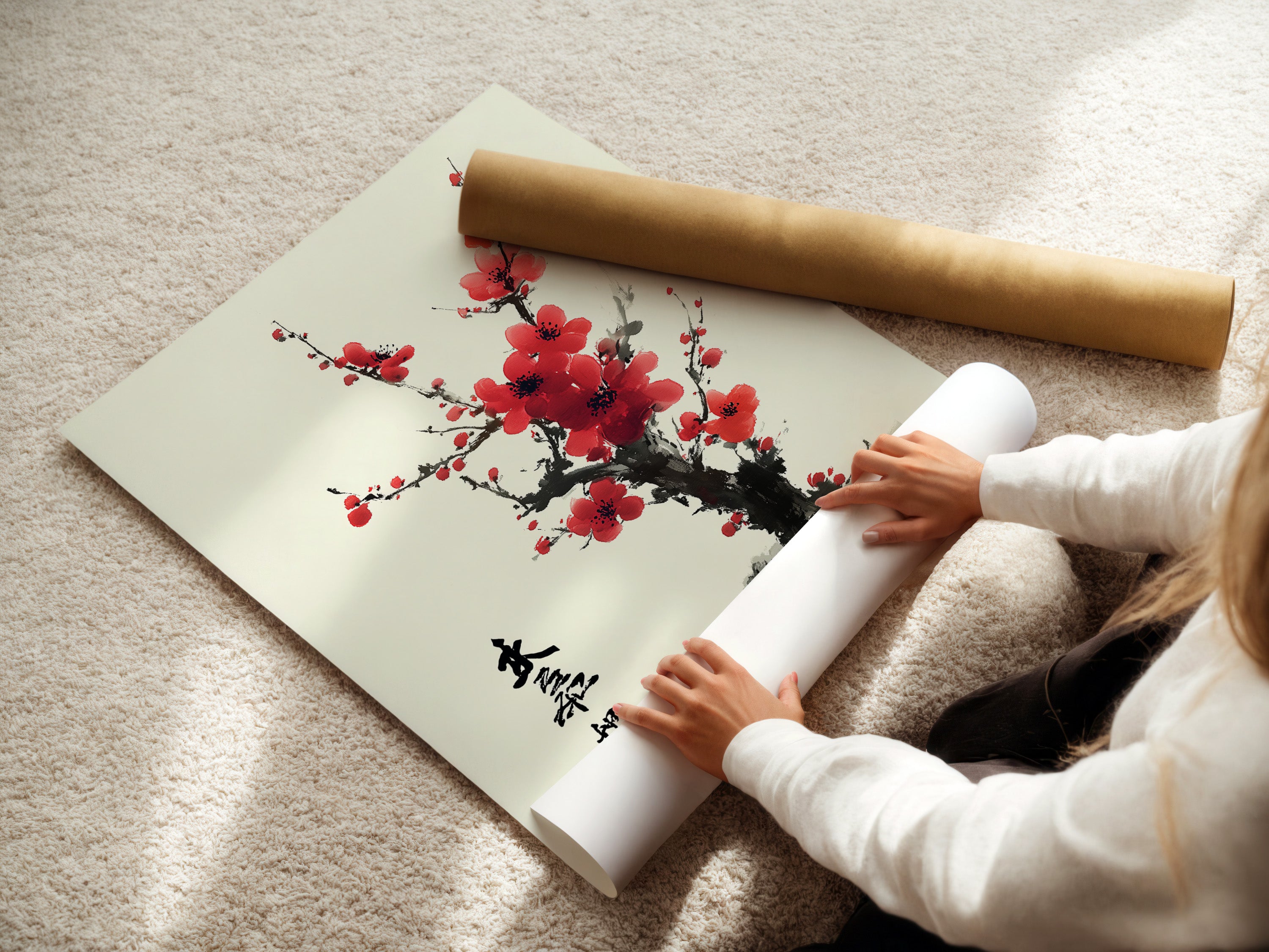 A woman is carefully rolling a fine art poster paper. She handles the paper with care to avoid creases. This ensures the artwork is perfectly preserved. The poster paper is of high quality. Ready to be framed and displayed.