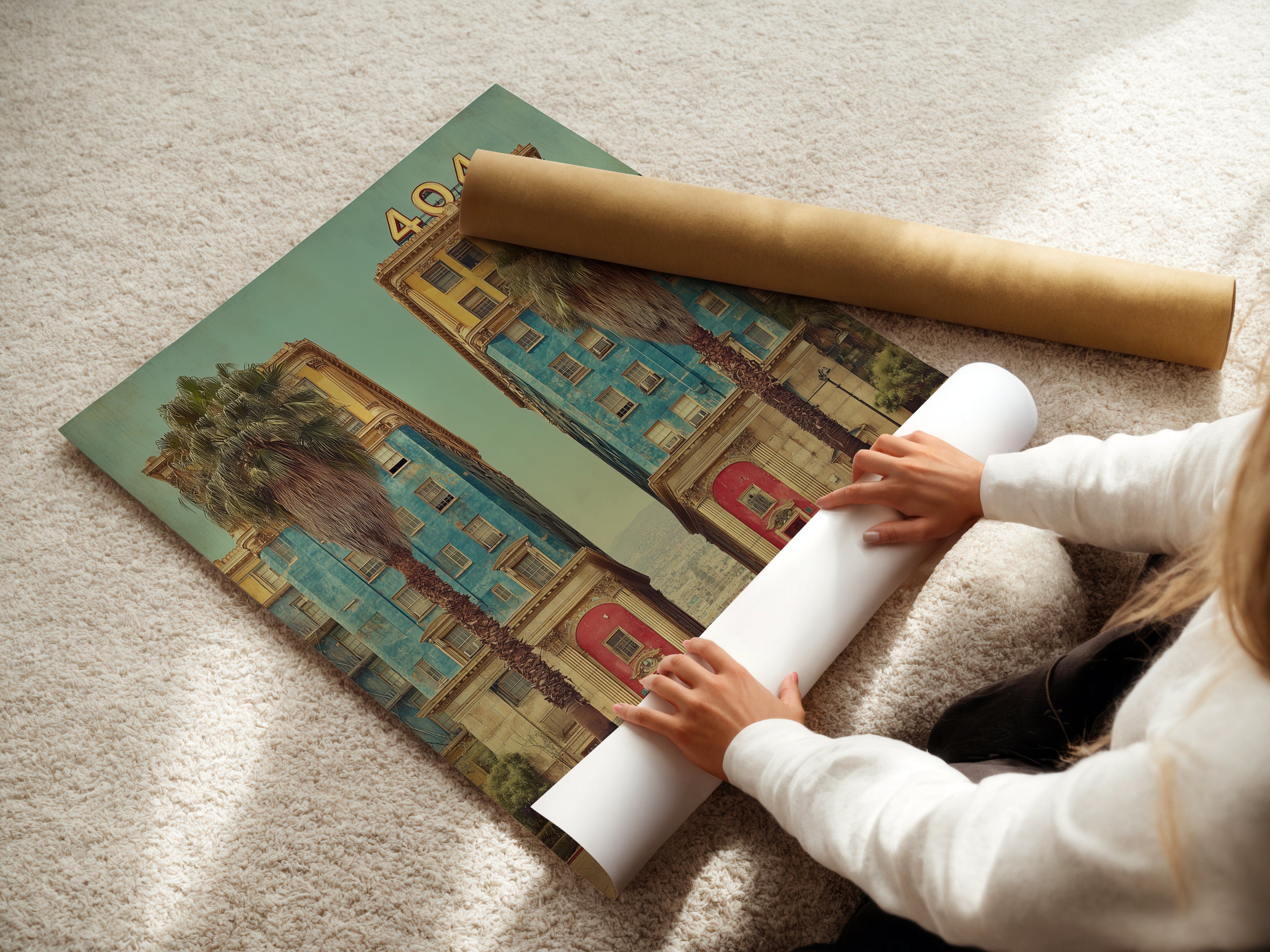 A woman carefully rolling a fine art poster paper. This shows the care taken in packaging and preserving the quality. High-quality fine art paper ensures the vintage hotel artwork looks its best. Ready to frame and display.