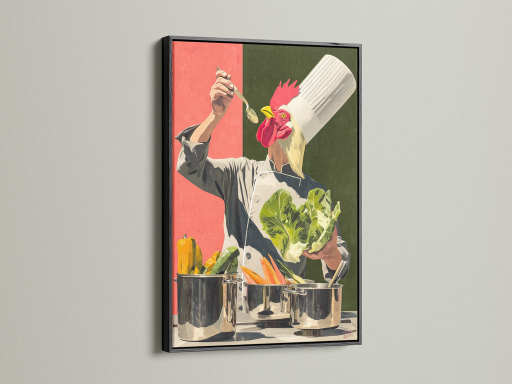 Chef Rooster wall art in a sleek black frame. This culinary themed artwork is ideal for restaurants. It makes a fantastic gift for chefs. The canvas print adds a contemporary flair. It is perfect for dining areas. The artwork features a rooster chef print.