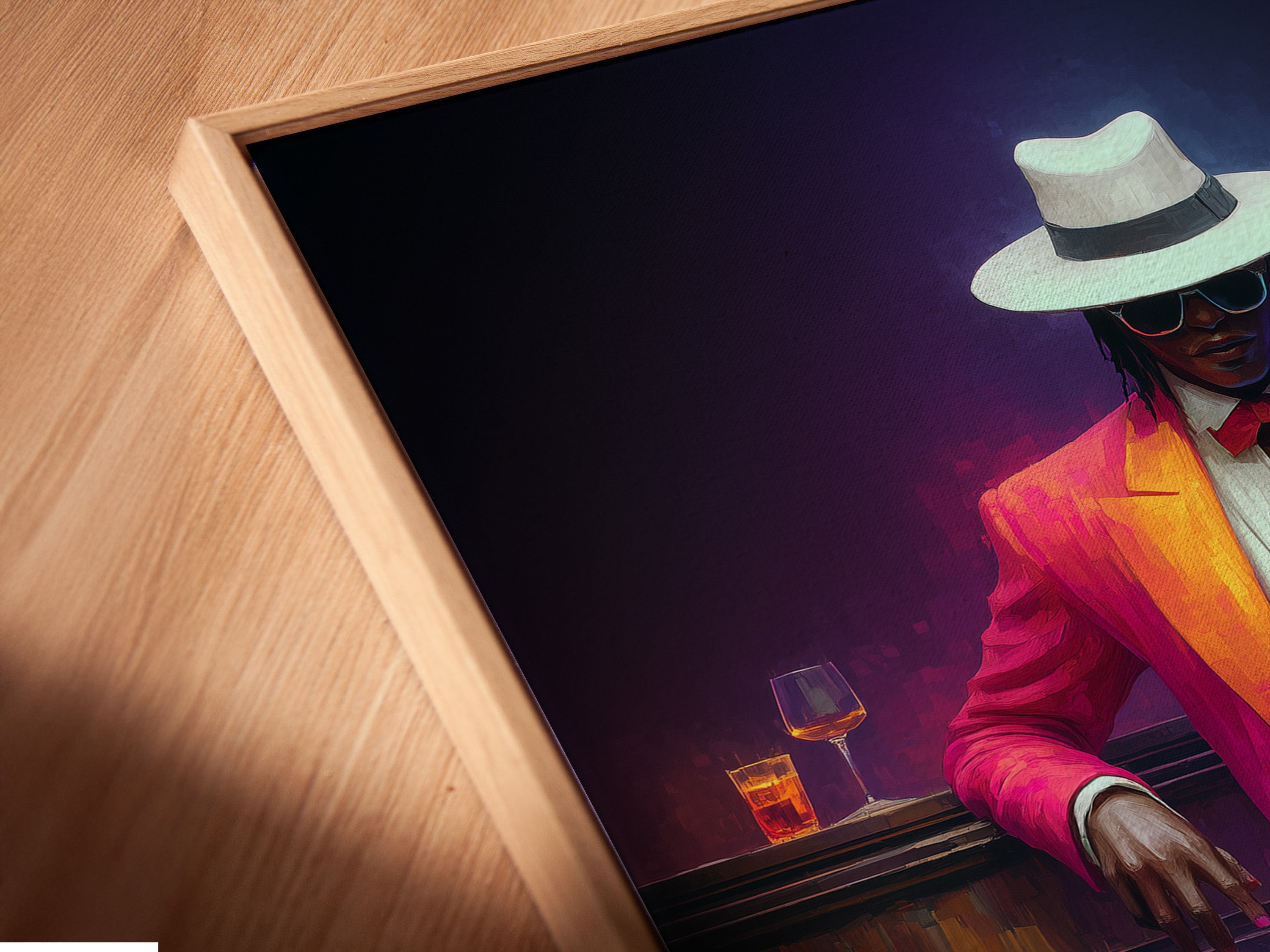 Close-up of a Neon Suit Portrait canvas print. The artwork is displayed in a floating frame. This contemporary art enhances any space. The frame creates a stylish presentation. The colorful gentleman art is perfect for home or office wall decor. It suits modern eclectic or Art Deco styles.