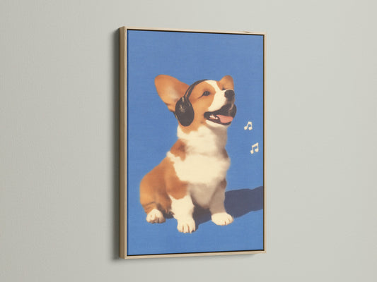 Corgi Music Artwork Print with oak frame. Dog listening to headphones canvas wall art. A blue pet portrait for office wall decor. Ideal for dog lovers seeking unique wall art. Appreciate a touch of whimsy in your home.
