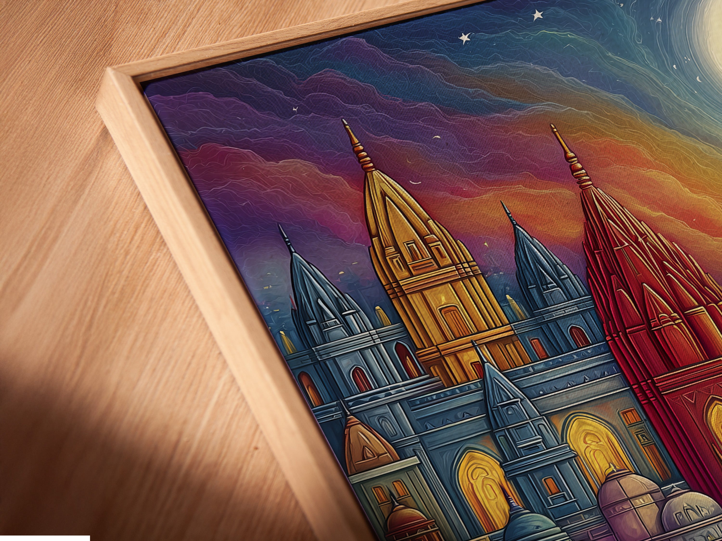 Close-up of a canvas print in a floating frame. The fantasy castle artwork shows colorful medieval architecture. It is a whimsical fairytale piece for your home. It's perfect for living rooms bedrooms and creative spaces. The floating frame enhances the art.