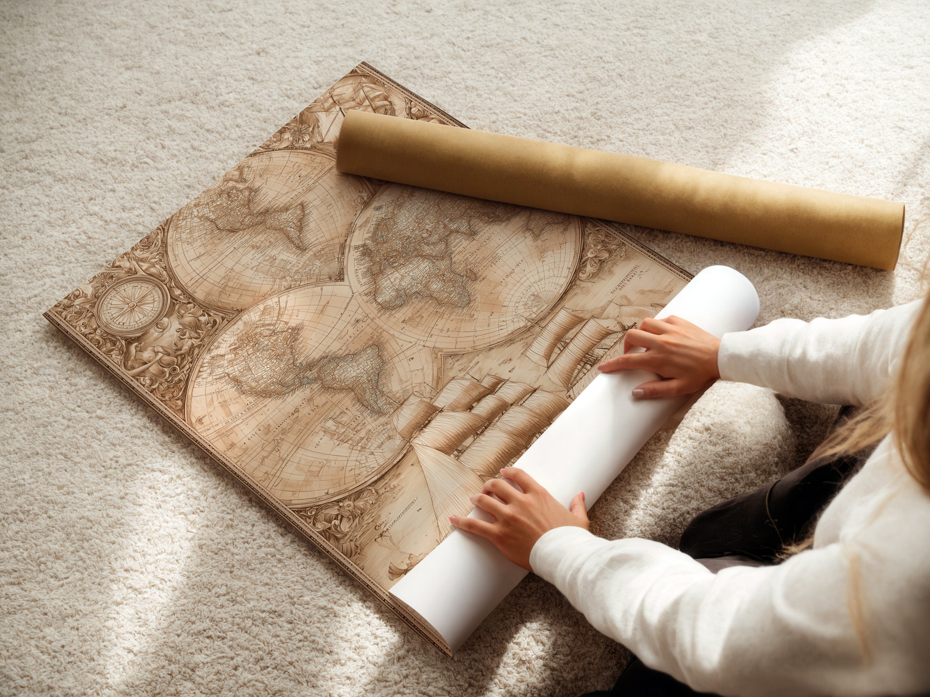 A woman carefully rolls a fine art poster paper. The paper is high-quality. It's ready for framing or display. Fine art posters offer a versatile art solution. This is the perfect way to preserve your art. Explore fine art poster options for your home.