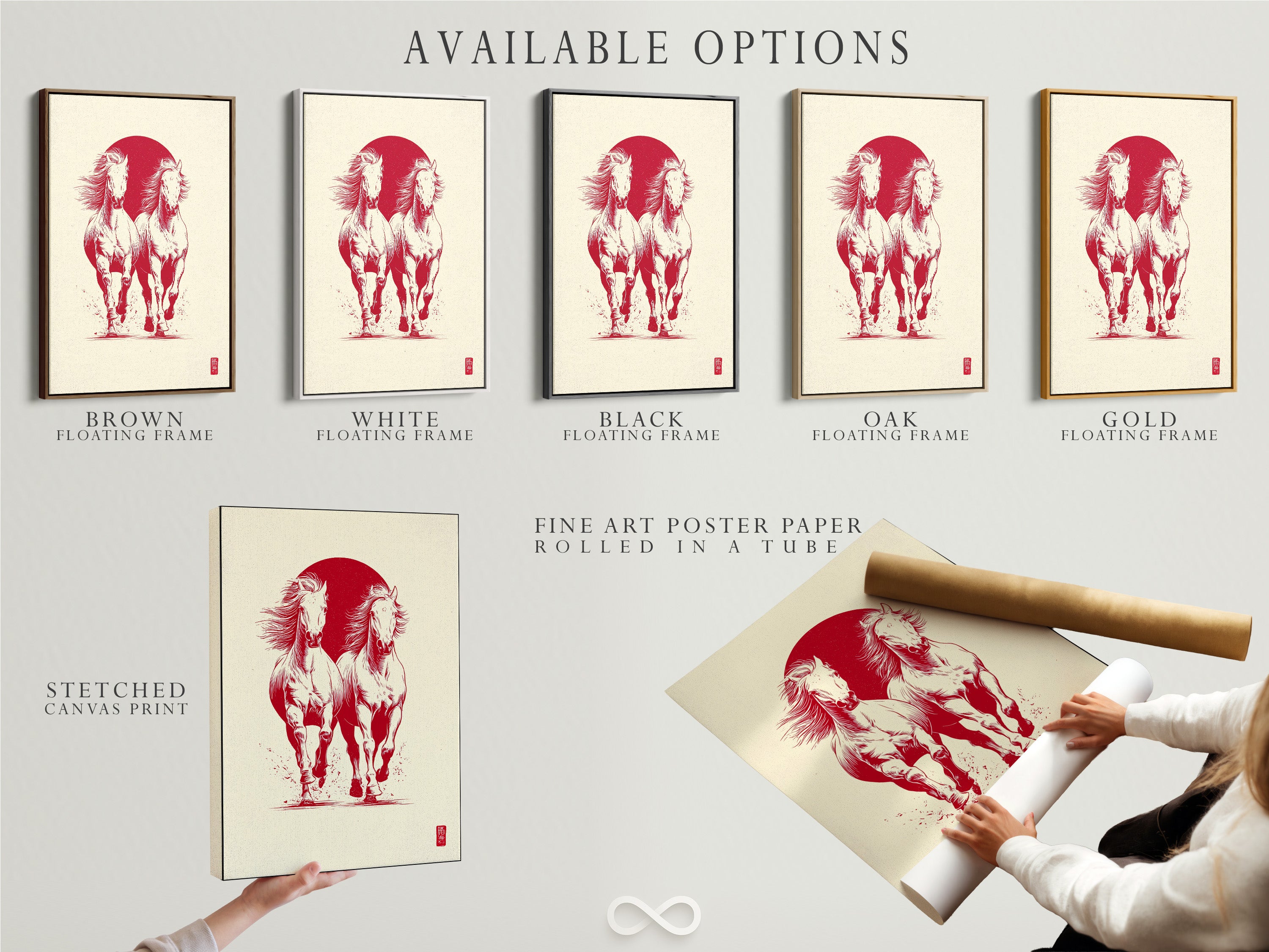Available options are showcased. Stretched canvas print fine art poster paper and floating frame. Customers can choose the perfect format to suit their style. This allows customers to match their home decor.