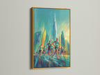 Artwork showing a marathon race with a skyscraper backdrop. The art is highlighted by a gold frame. The gold frame brings a touch of luxury. This framed artwork creates a statement piece for your home. Purchase this gold framed artwork now