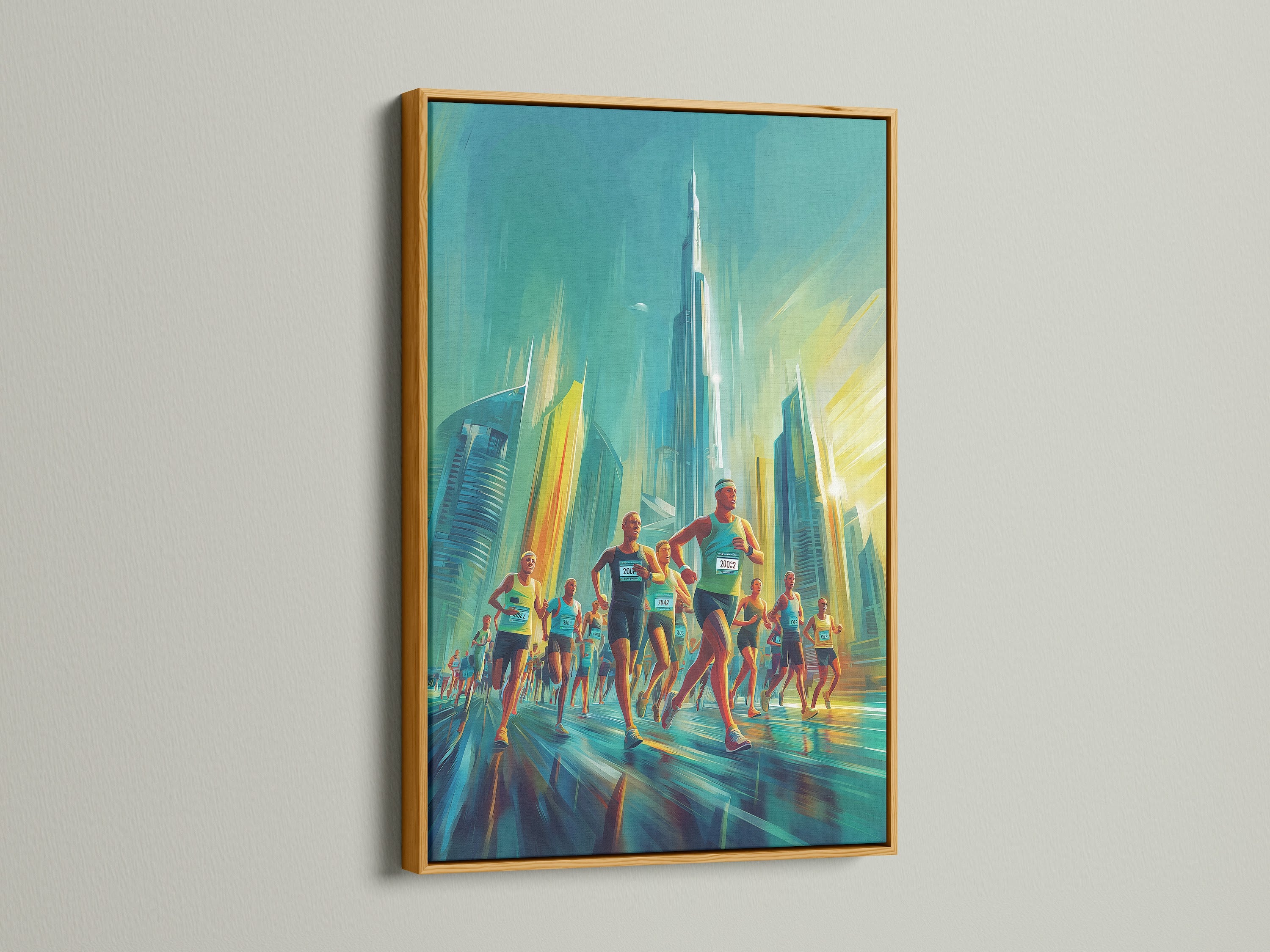 Artwork showing a marathon race with a skyscraper backdrop. The art is highlighted by a gold frame. The gold frame brings a touch of luxury. This framed artwork creates a statement piece for your home. Purchase this gold framed artwork now