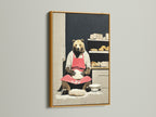 The endearing bear baker artwork is featured in a luxurious gold frame. The gold frame adds a touch of elegance and warmth. It is ideal for kitchens and cafes. This artwork brings a sense of opulence to your decor.