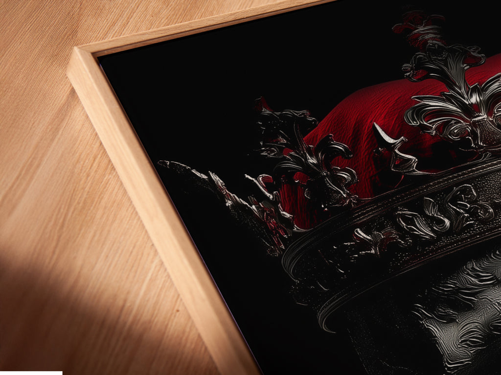 A close-up angled view shows a canvas print in a floating frame. The skull king artwork with a gothic crown is striking. The dark macabre home wall art is perfect for adding an elevated gothic touch to any room. Enhance your space with this print.