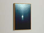 A gold frame displays the underwater figure artwork. This ocean canvas art is ideal for modern spaces. Its blue tones bring a tranquil vibe to any room. The ethereal artwork is perfect for creating a calming atmosphere. Elevate your home decor with this spiritual art.