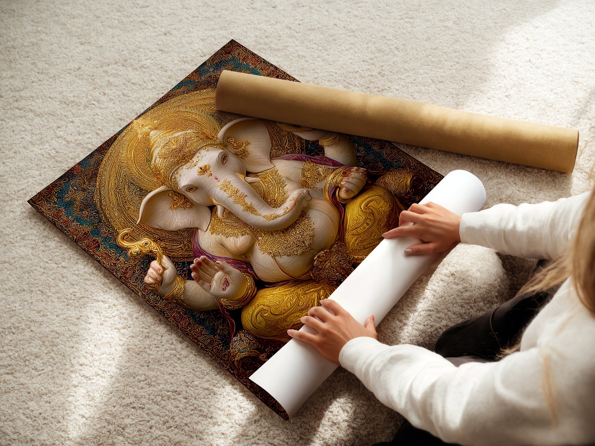 Woman rolling a fine art poster paper. The woman is carefully rolling a fine art poster paper. This protects it from damage. Fine art posters are a great way to decorate your space. They offer an affordable way to collect art.