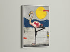 A white frame highlights a flamingo abstract art print. This contemporary bird art is ideal for modern spaces. The clean white frame makes the colorful bird print pop. It's perfect for coastal themed decor.