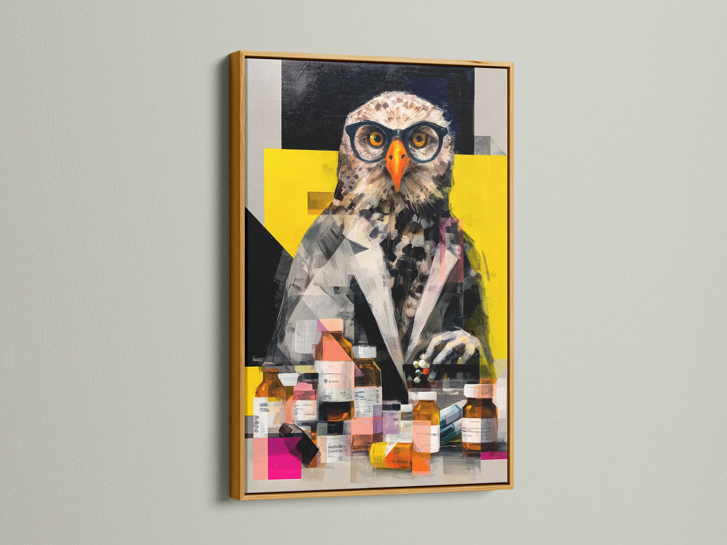 A gold frame highlights the owl scientist artwork. This frame adds a touch of elegance and sophistication. It is perfect for office or study room wall art. The gold frame enhances the artwork's quirky charm. Make a statement with this unique piece.