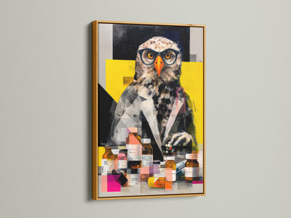A gold frame highlights the owl scientist artwork. This frame adds a touch of elegance and sophistication. It is perfect for office or study room wall art. The gold frame enhances the artwork's quirky charm. Make a statement with this unique piece.