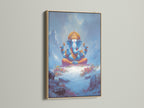Elevate your space with this serene Ganesha artwork. It features an oak frame. This Hindu God canvas brings spiritual peace. It is great for any meditation room or yoga studio. The blue and gold colors enhance healing centers.