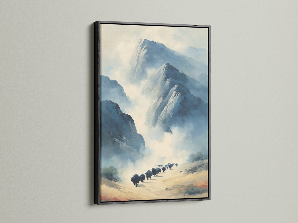 Framed in black this artwork adds a bold touch. The mountain canvas stands out against the wall. The black frame creates a sophisticated look. It is perfect for modern office decor. This animal wall art complements contemporary spaces. The striking contrast enhances the bison artwork. It is ideal for those who appreciate bold art pieces. Black frame for a statement piece.