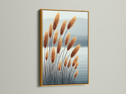 The image showcases pampas grass artwork in a gold frame. This botanical print adds a touch of elegance to neutral wall art. The gold frame enhances the beige home decor. It is perfect for creating a sophisticated look.
