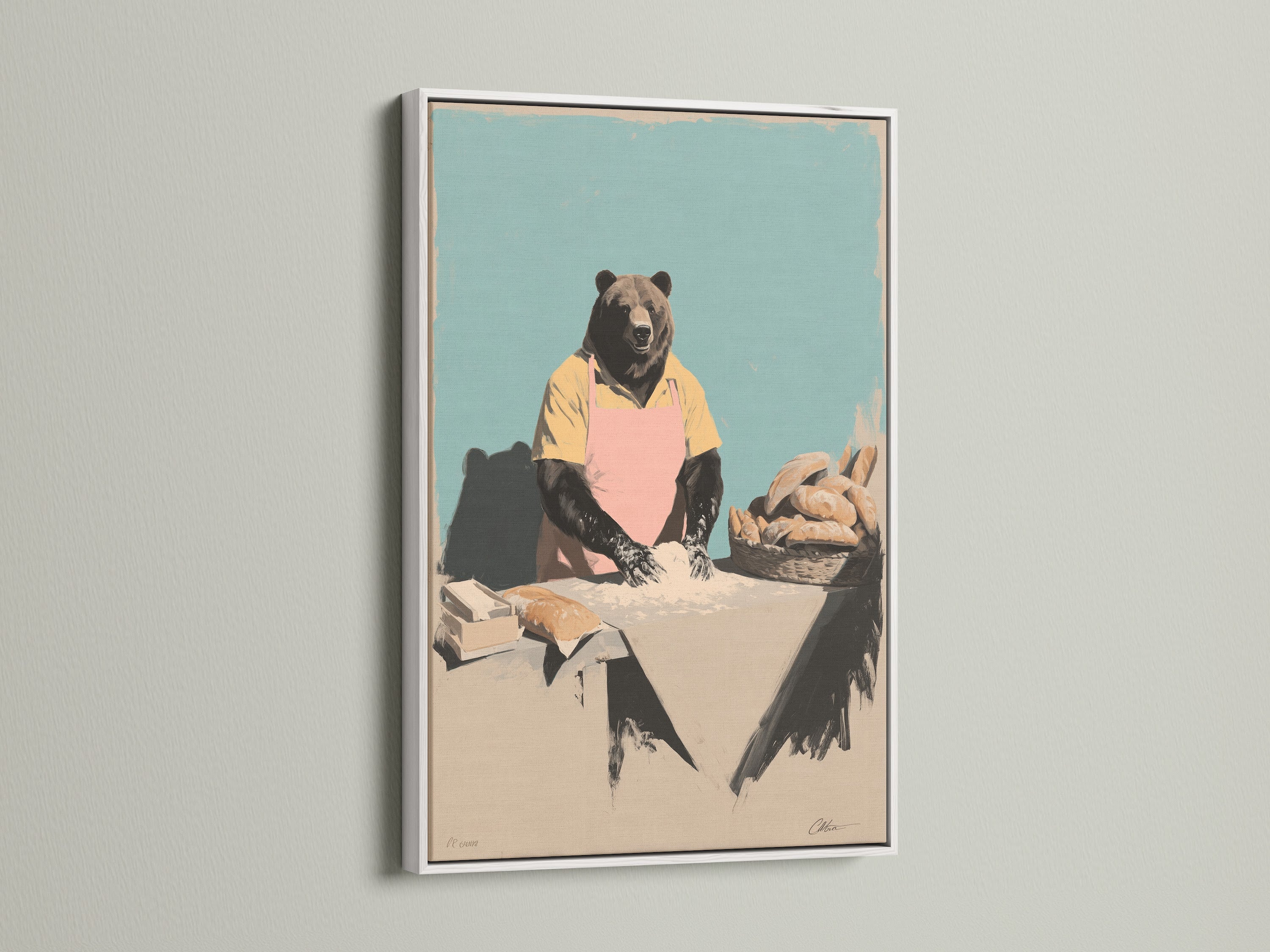 The white frame presents a delightful animal chef print. This whimsical art is ideal for kitchen wall decor. The artwork features an anthropomorphic bear baker. It adds a quirky touch to any room. The secondary color is pink.