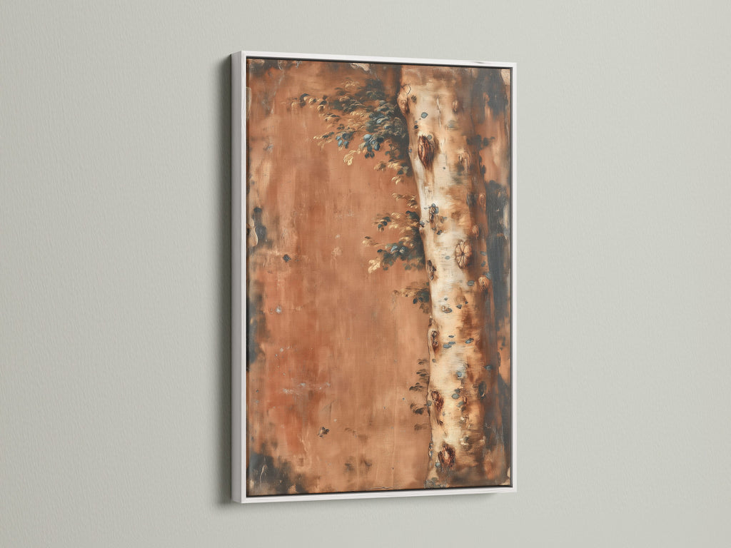 White Frame artwork offers a clean modern look. White frame enhances any artwork. Artwork is displayed with a white frame. The neutral frame ensures the artwork stands out. This is a great choice for modern homes. This frame complements abstract rust artwork. Perfect for any room.