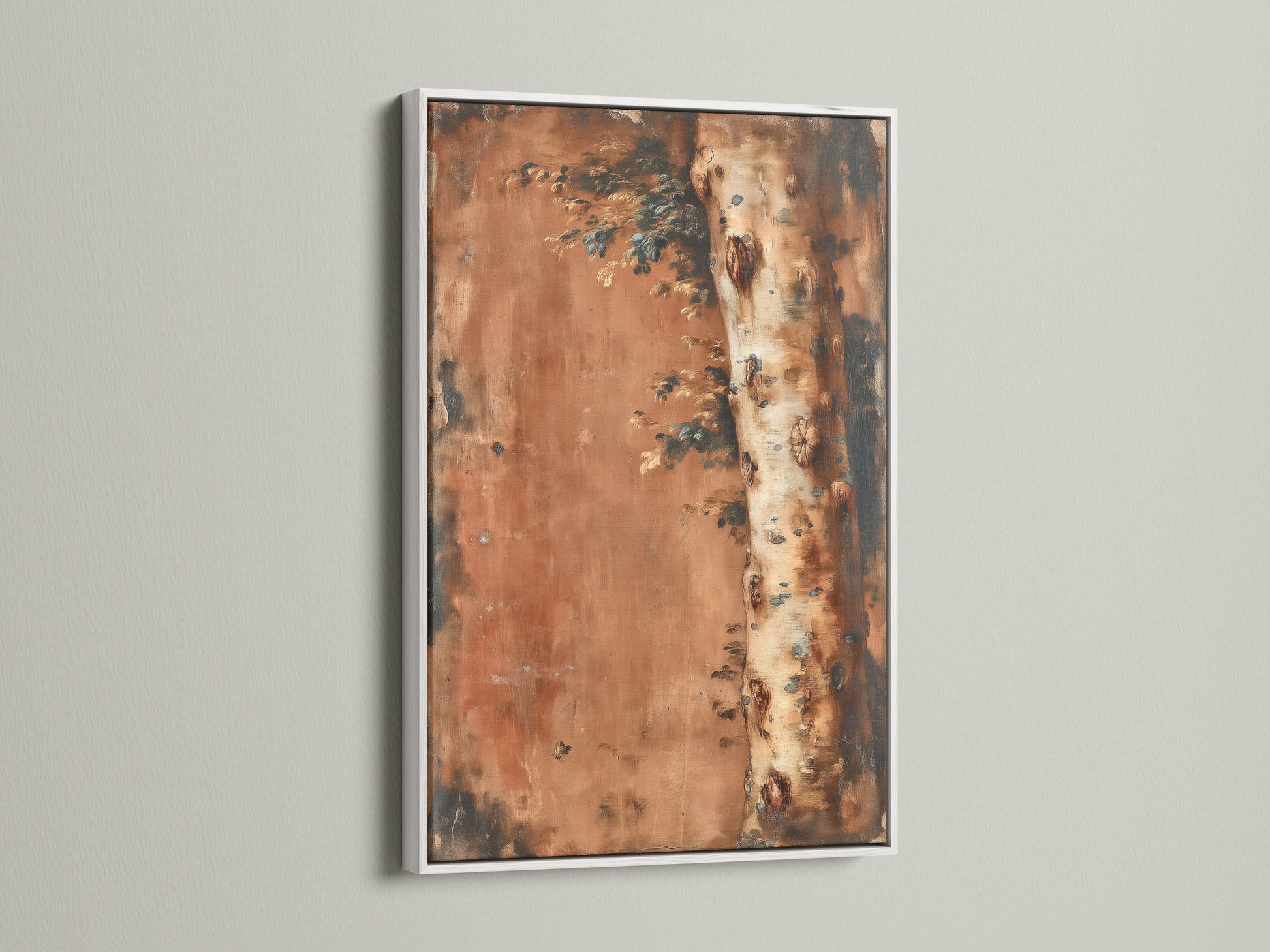 White Frame artwork offers a clean modern look. White frame enhances any artwork. Artwork is displayed with a white frame. The neutral frame ensures the artwork stands out. This is a great choice for modern homes. This frame complements abstract rust artwork. Perfect for any room.