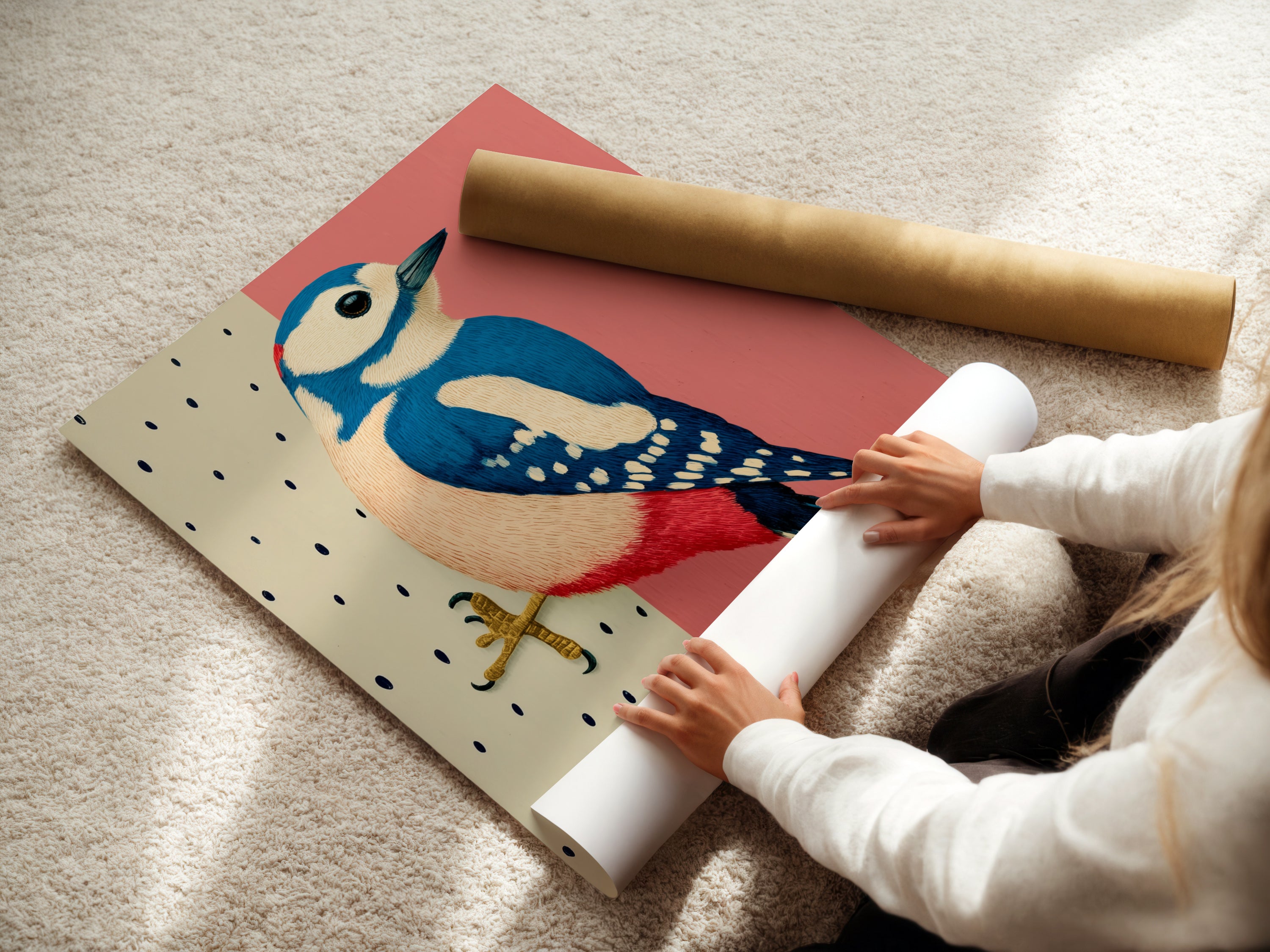 A woman is carefully rolling a fine art poster paper. This highlights the delicate handling of the Woodpecker bird art print. The poster is ready to be framed and displayed. It will bring nature-inspired beauty to your home.