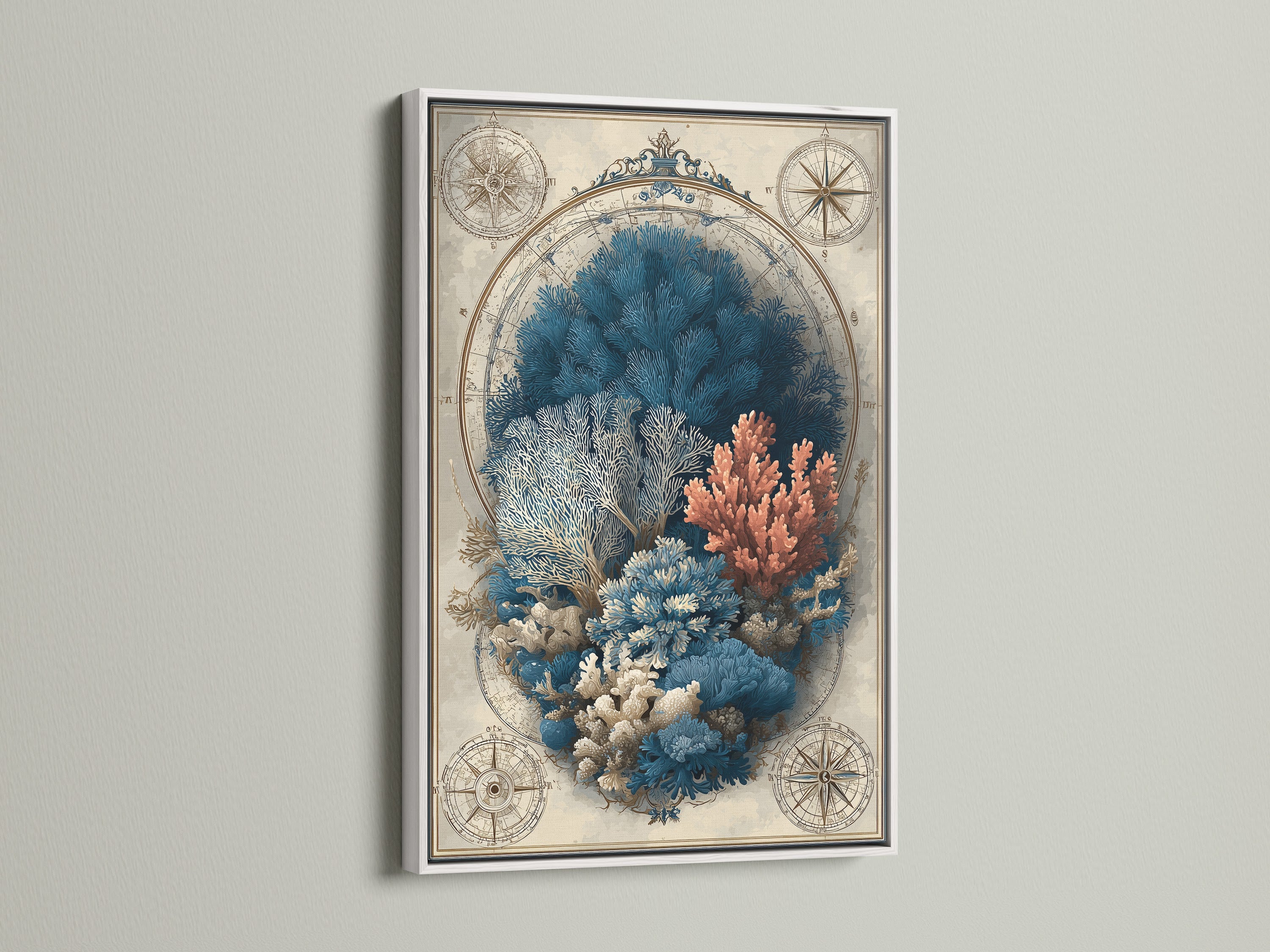 An artwork framed in white is showcased. This artwork features vintage nautical elements. Coral and compass details are prominent. The white frame offers a clean modern look. It is ideal for any room. A perfect addition to your wall decor.