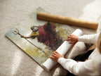 A woman is rolling fine art poster paper. The fine art poster paper looks delicate. The woman is carefully handling the print. The paper is ideal for high-quality reproductions and artwork.