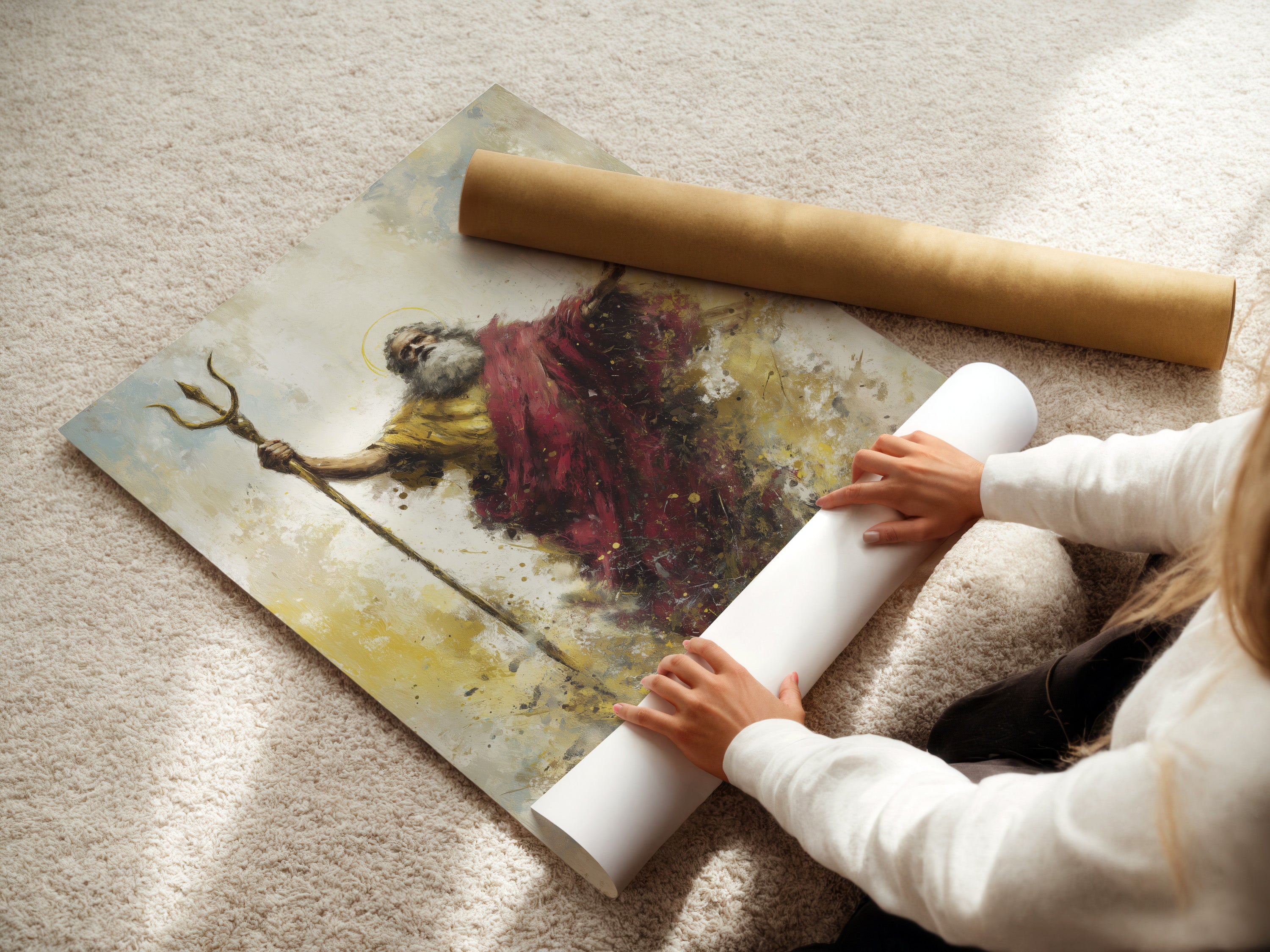 A woman is rolling fine art poster paper. The fine art poster paper looks delicate. The woman is carefully handling the print. The paper is ideal for high-quality reproductions and artwork.
