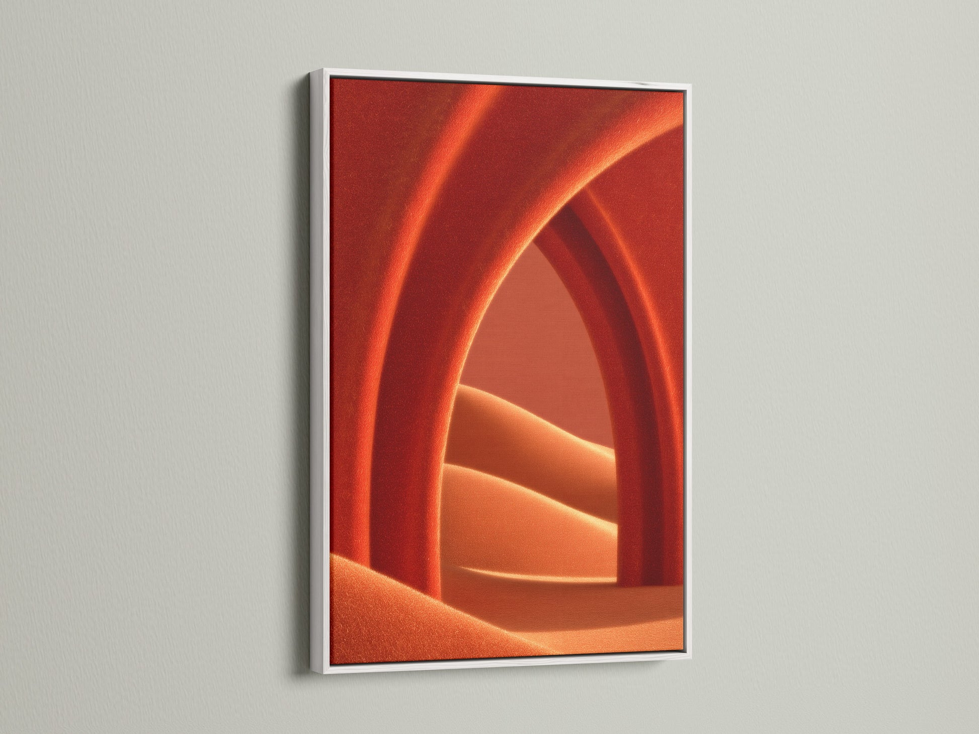 Abstract Terracotta Wall Art in a white frame. The bright frame enhances the warm earth tones. This modern minimalist poster is perfect for bedroom wall decor. The orange wall art complements contemporary interiors. It's ideal for adding a touch of modern artwork.