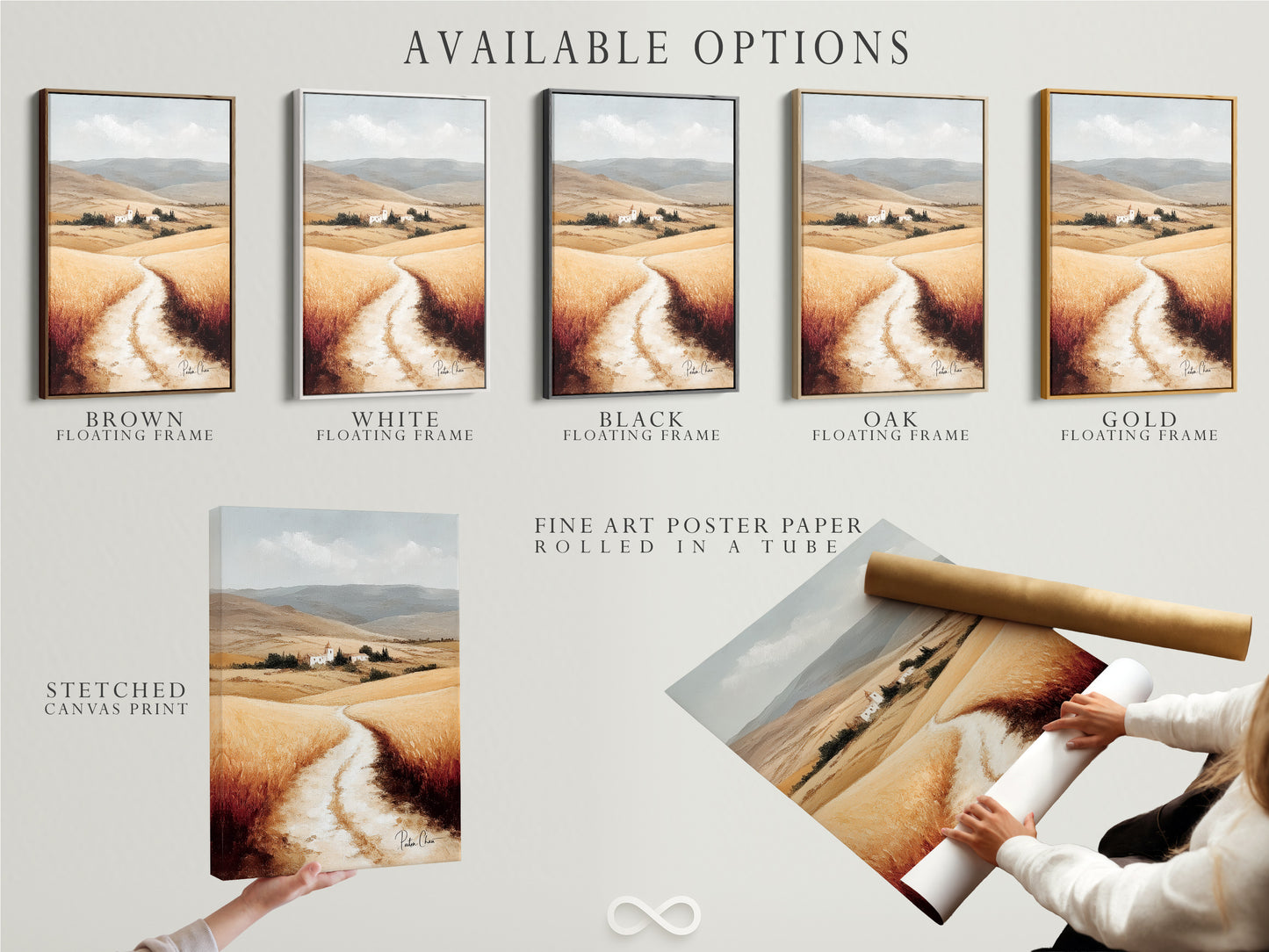 Available options for Tuscan Landscape artwork include a stretched canvas print fine art poster paper and a floating frame. Choose the perfect format for this Italy art print. Enhance your farmhouse decor with neutral tone art. Capture the beauty of Italian scenery. Add rustic wall art to your home.