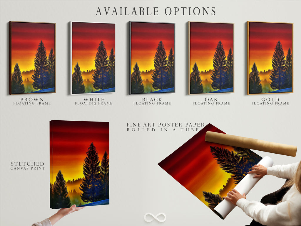 Available options for the forest sunset artwork displayed. Choose from a stretched canvas print fine art poster paper or floating frame. Customize your nature wall art to fit your style. Enhance your bedroom decor with warm tone artwork. Perfect for adding rustic charm to any living space.