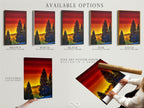 Available options for the forest sunset artwork displayed. Choose from a stretched canvas print fine art poster paper or floating frame. Customize your nature wall art to fit your style. Enhance your bedroom decor with warm tone artwork. Perfect for adding rustic charm to any living space.