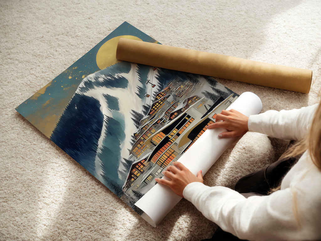 A woman is carefully rolling a fine art poster paper. The artwork is an Alpine Village scene. The poster paper ensures a high-quality print. Perfect for homeowners who appreciate mountain wall art.