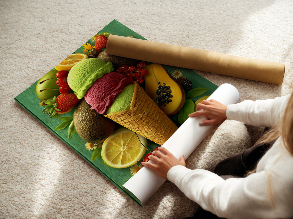 A woman is carefully rolling a fine art poster paper. The paper is high-quality. It is ready for printing. The process ensures a smooth finish. Ideal for creating stunning art prints. Experience the beauty of fine art printing.