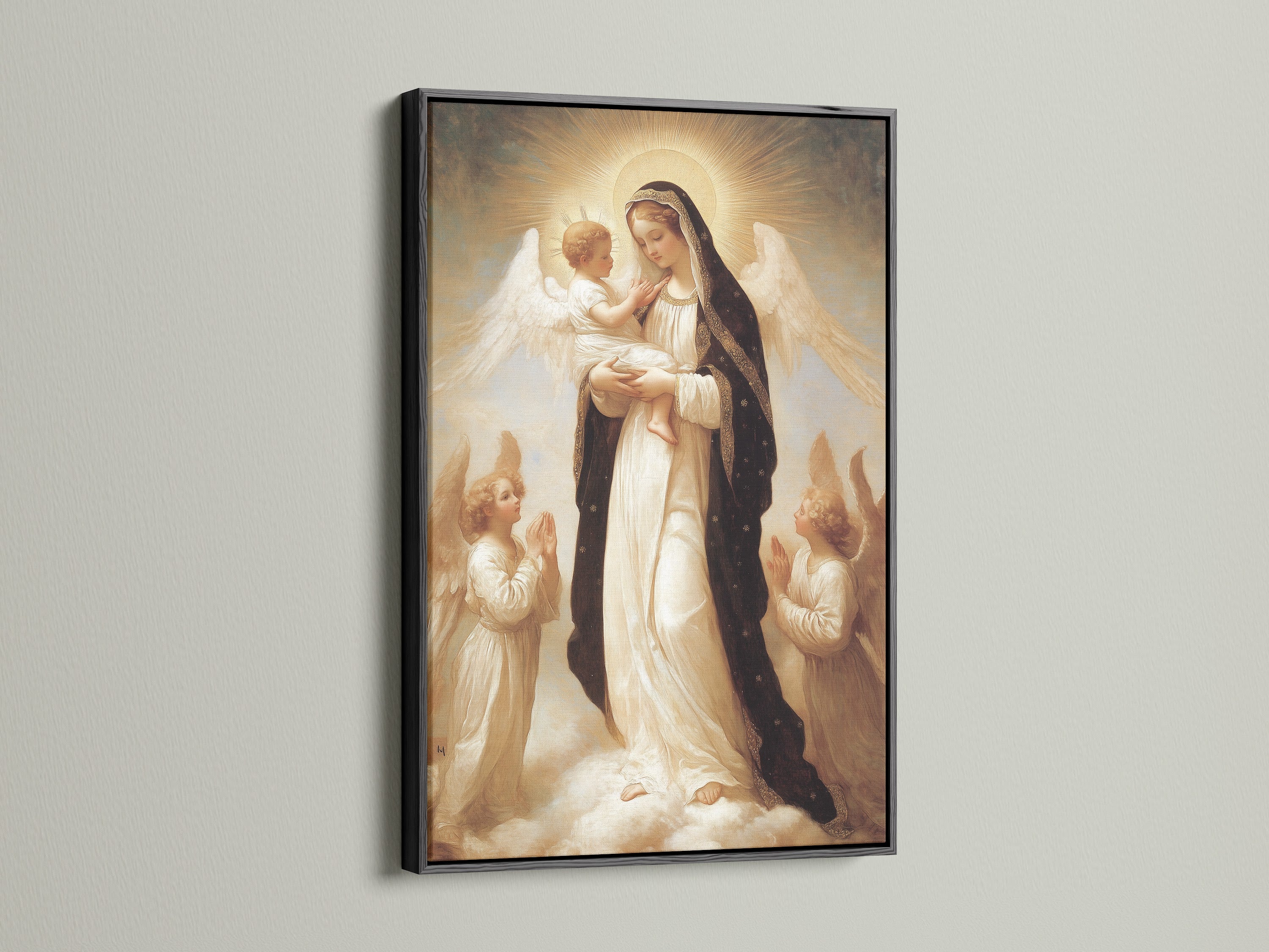 Religious artwork featuring the Virgin Mary and child. Angels surround them in a divine scene. The art is presented in a sleek black frame. The black frame offers a classic look.