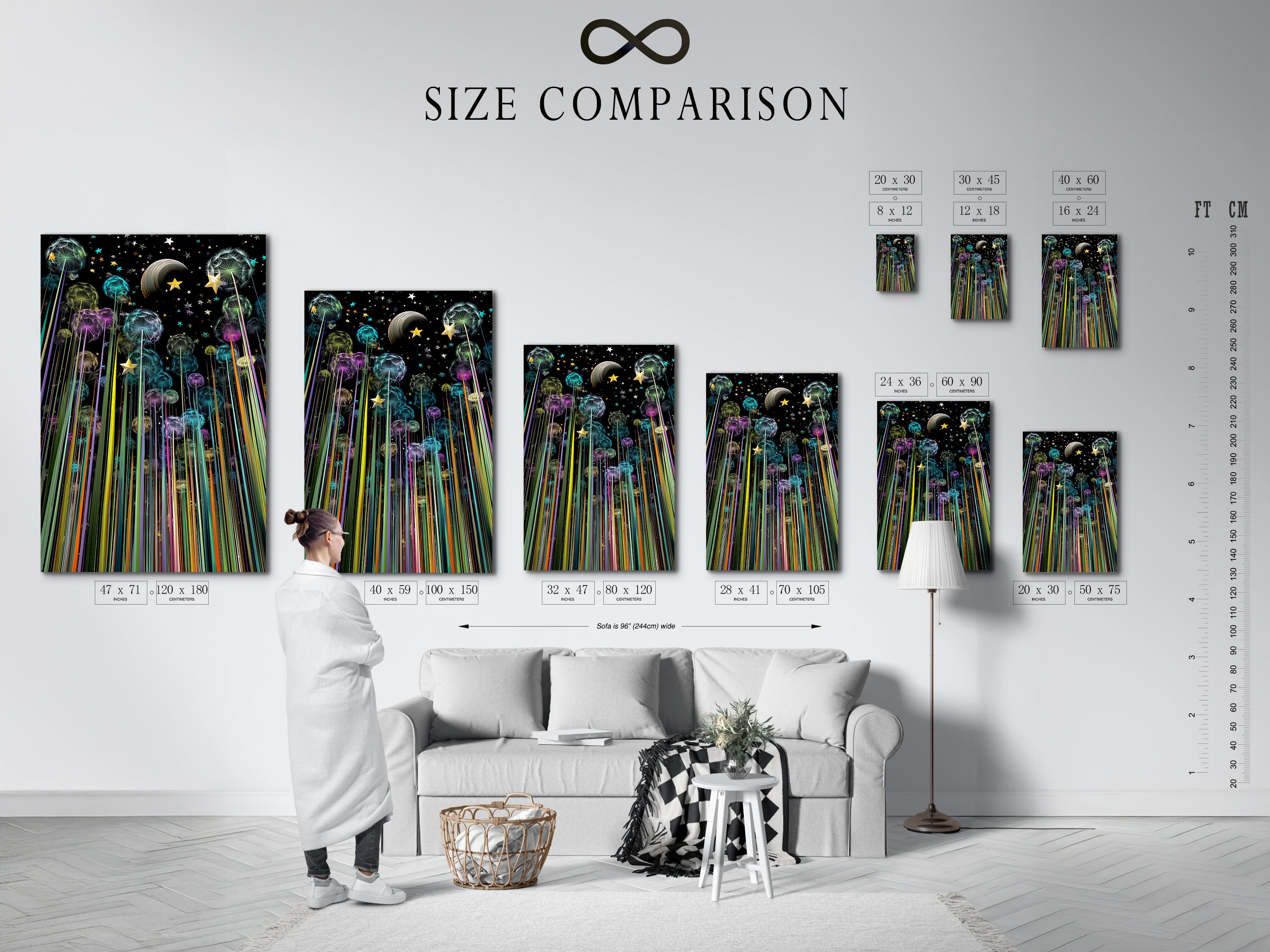 Size comparison chart in an interior setting. The Dandelion Galaxy Canvas Print is available in various sizes. Choose the perfect colorful artwork for your space. Ideal for bedroom wall decor and playroom art projects.