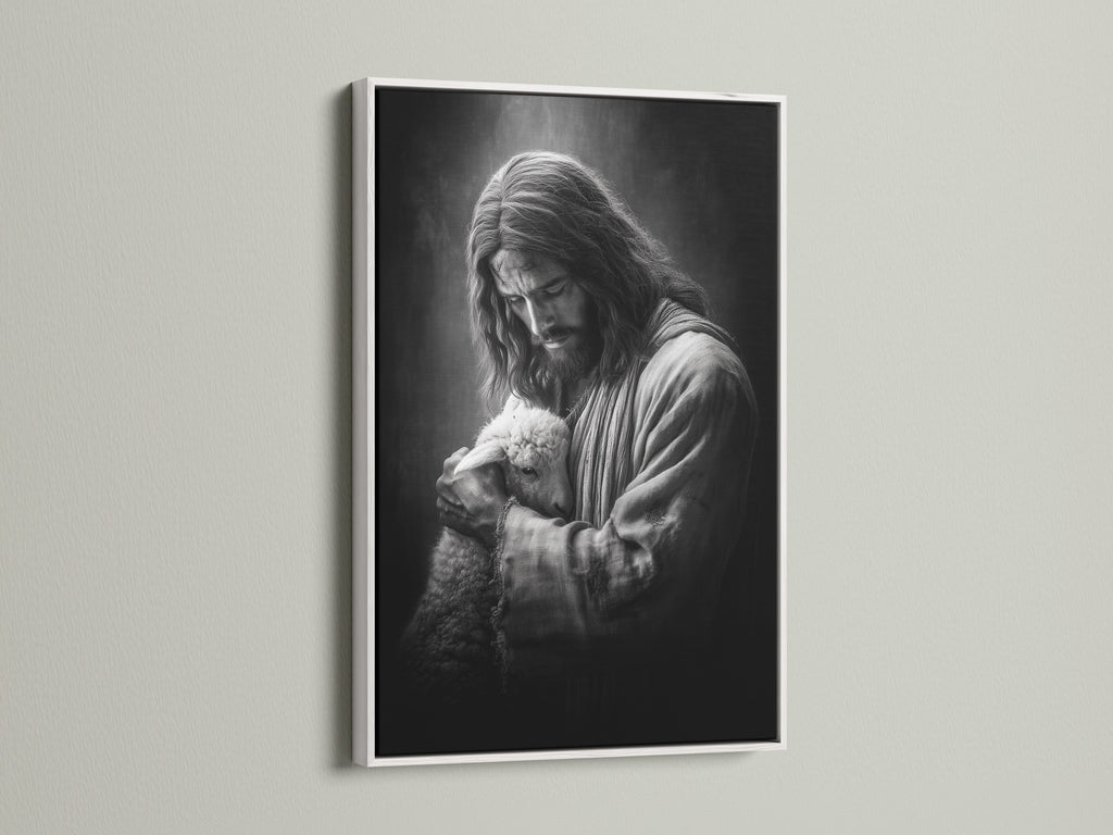 Artwork of Jesus holding a lamb is displayed in a white frame. The white frame offers a clean and modern aesthetic. This frame enhances the artwork's beauty. It seamlessly integrates with any interior setting. Perfect for minimalist decor.