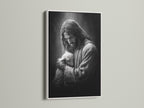 Artwork of Jesus holding a lamb is displayed in a white frame. The white frame offers a clean and modern aesthetic. This frame enhances the artwork's beauty. It seamlessly integrates with any interior setting. Perfect for minimalist decor.
