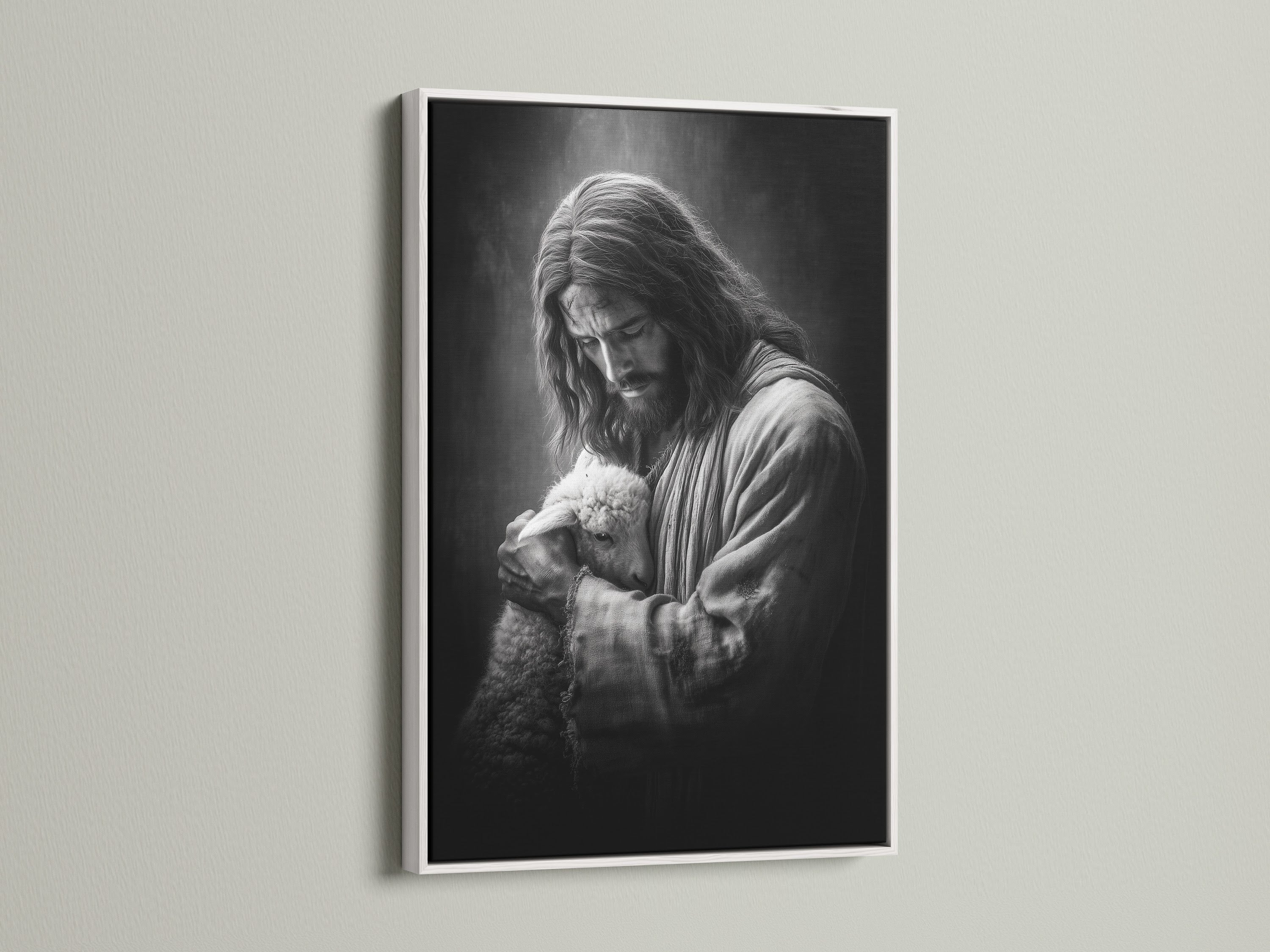 Artwork of Jesus holding a lamb is displayed in a white frame. The white frame offers a clean and modern aesthetic. This frame enhances the artwork's beauty. It seamlessly integrates with any interior setting. Perfect for minimalist decor.