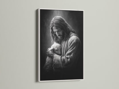 Artwork of Jesus holding a lamb is displayed in a white frame. The white frame offers a clean and modern aesthetic. This frame enhances the artwork's beauty. It seamlessly integrates with any interior setting. Perfect for minimalist decor.