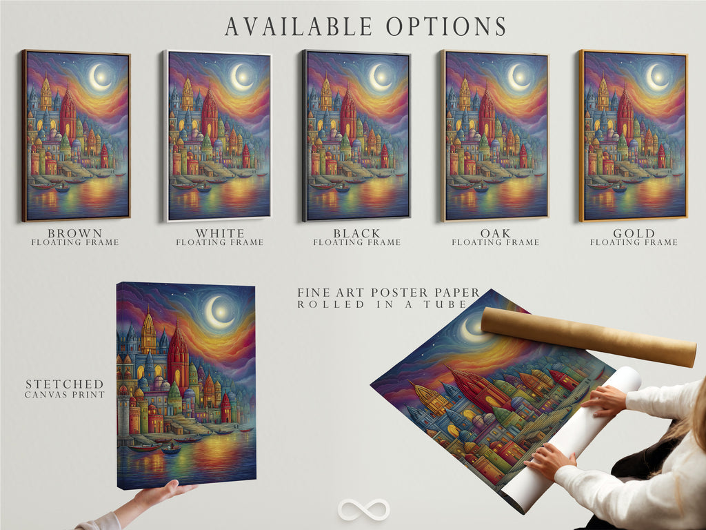 Available options for fantasy castle artwork. Choose from stretched canvas print fine art poster paper or floating frame. The colorful medieval architecture is vibrant. It's a whimsical fairytale piece. Elevate your space with this art.