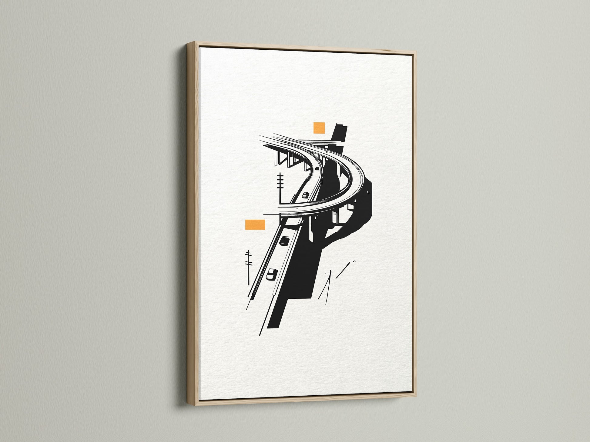 The Highway Overpass artwork is showcased in an oak frame. This urban wall art is a modern cityscape print. Ideal for minimalist decor in any office. The transportation art offers a unique black and white city print. Enhance your space with this architectural artwork.